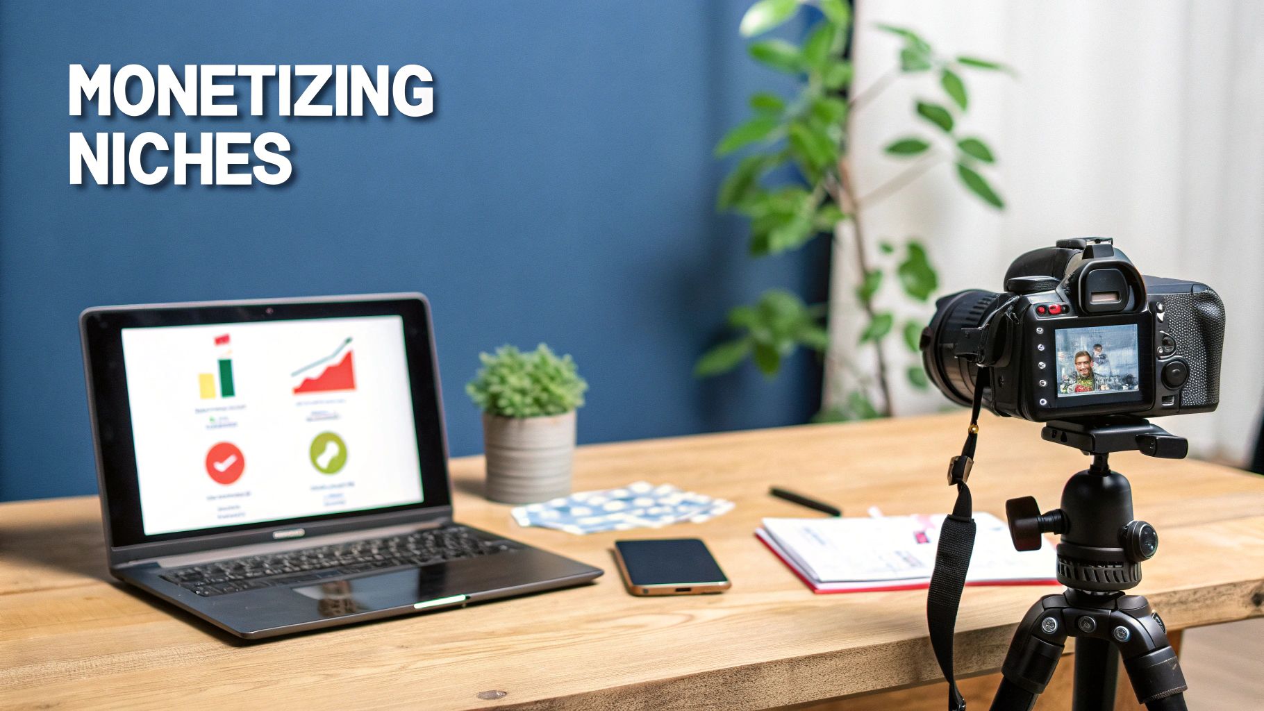 A desk setup with a laptop showing charts, a camera recording a video, and text 'MONETIZING NICHES'.