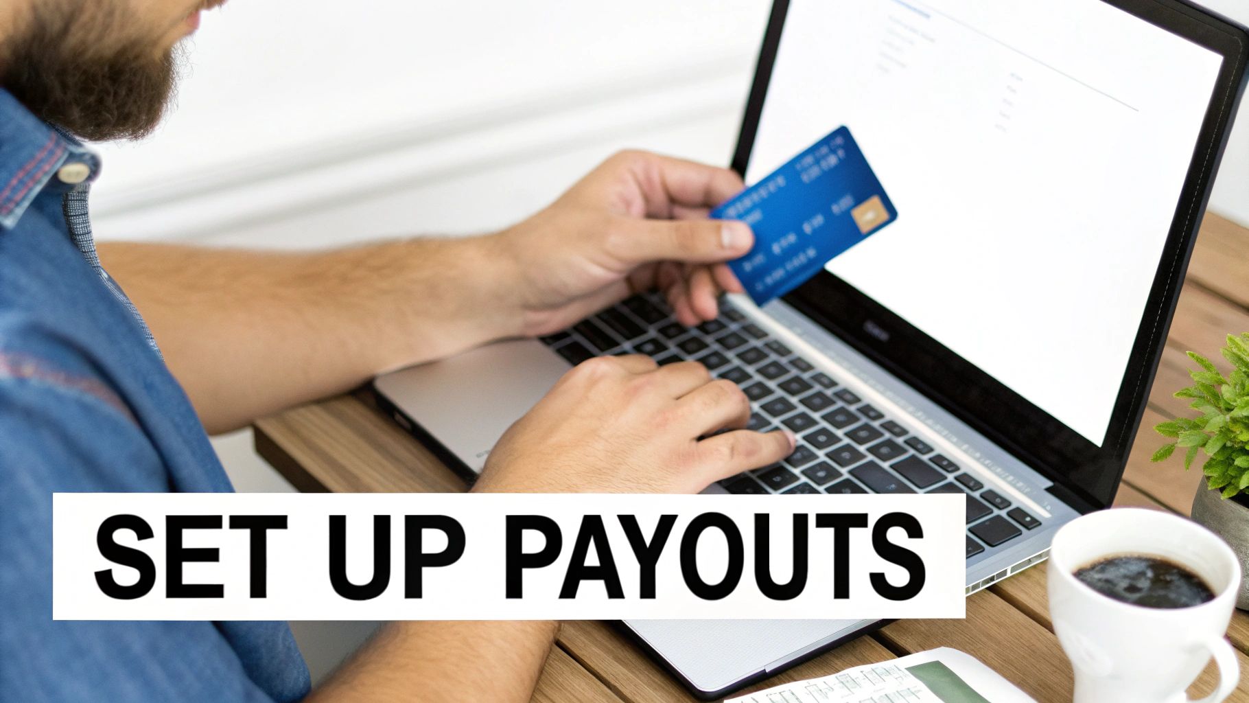 A person setting up payouts on a laptop, holding a credit card, with a coffee mug and plant nearby.