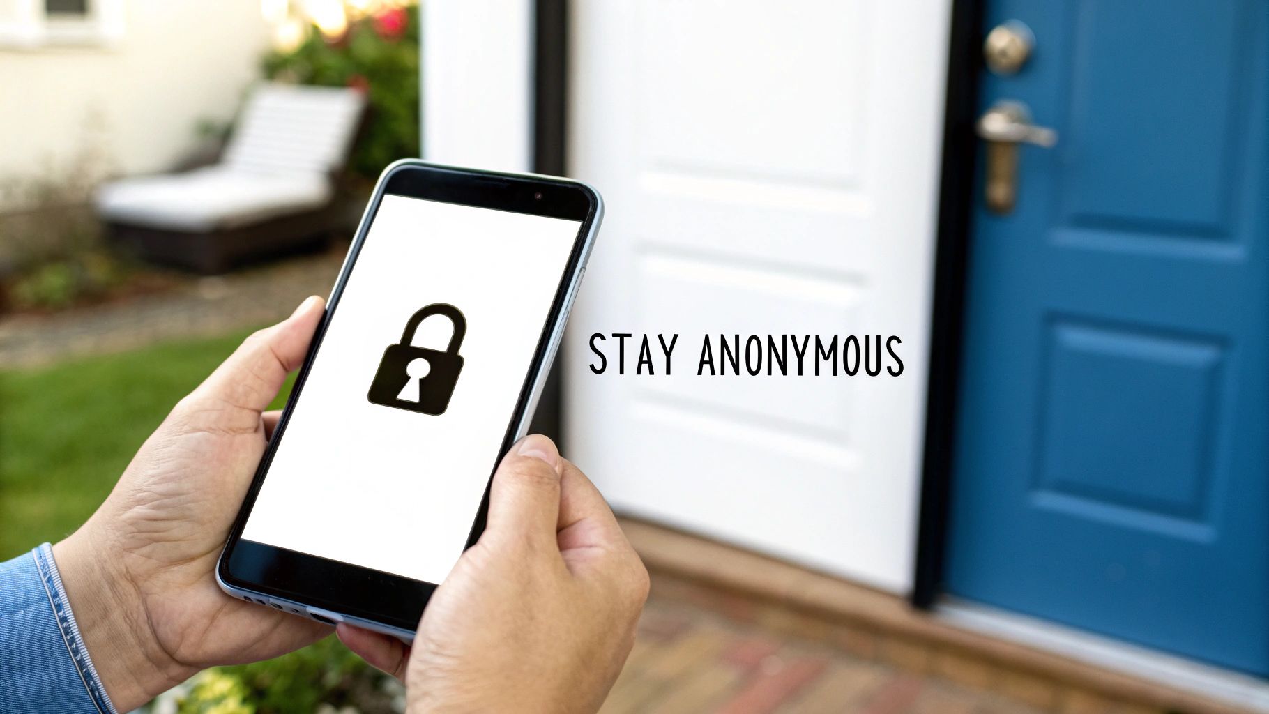 Hands hold a smartphone displaying a lock icon and the message 'STAY ANONYMOUS' for privacy.