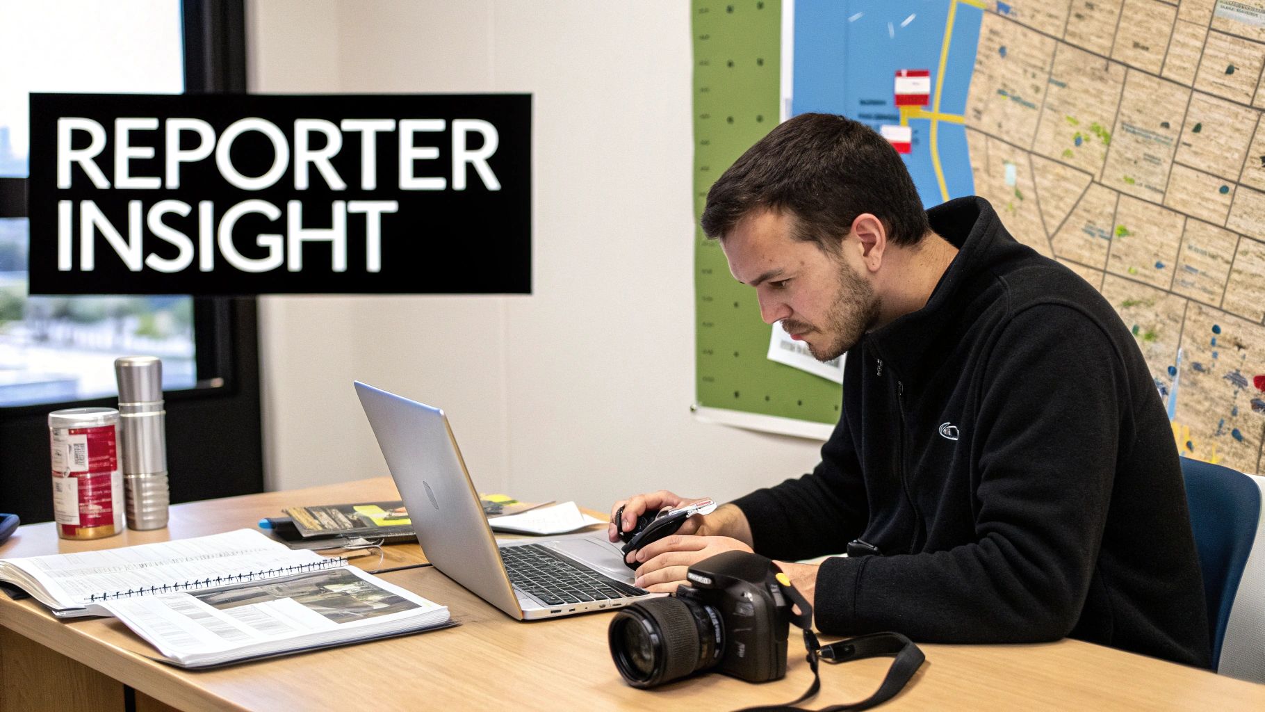 A man works on a laptop at a desk with a camera and notebooks, under a 'REPORTER INSIGHT' sign.