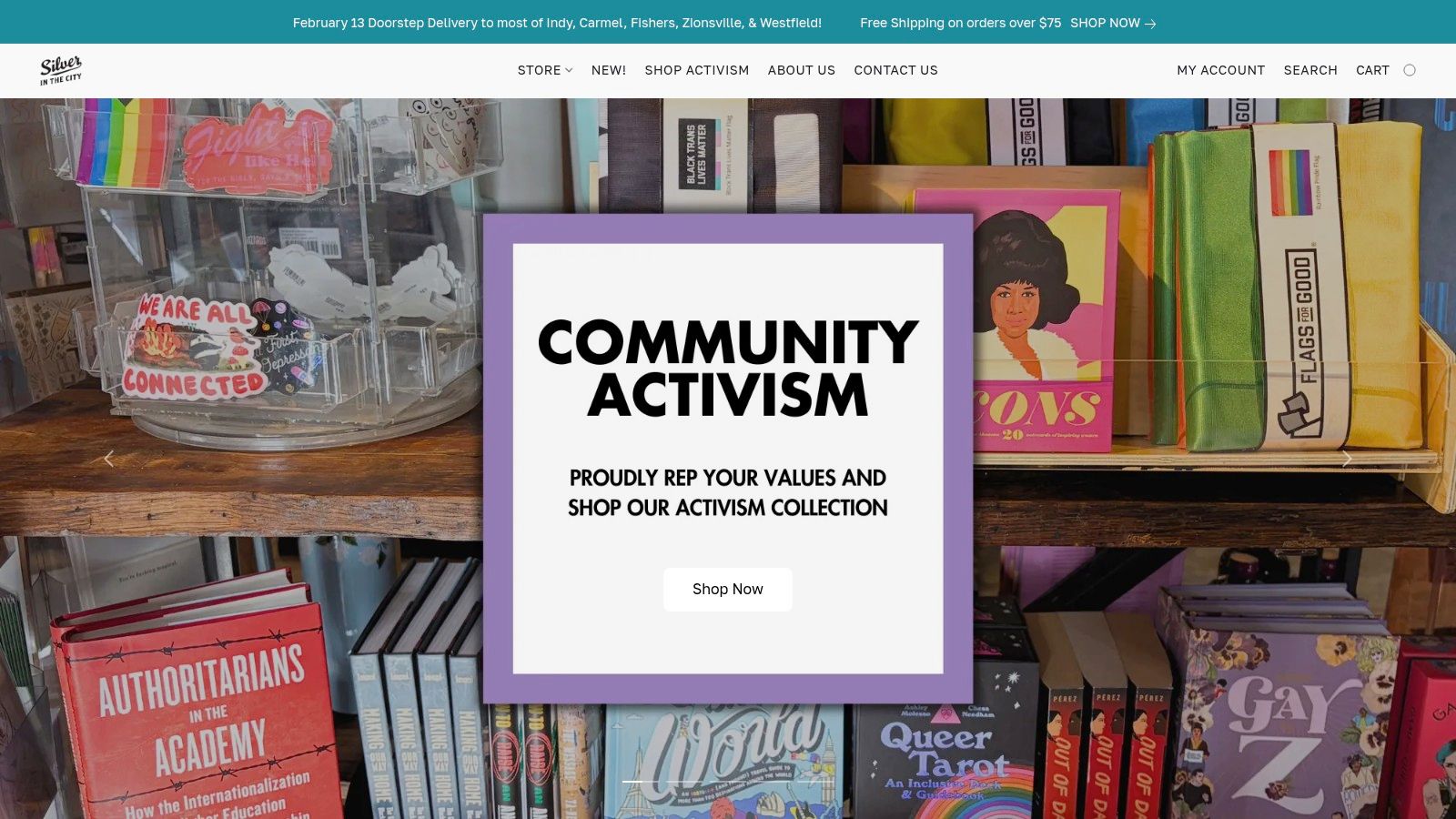 A display of activist-themed items including stickers, buttons, and other merchandise at Silver in the City on Mass Ave, Indianapolis.