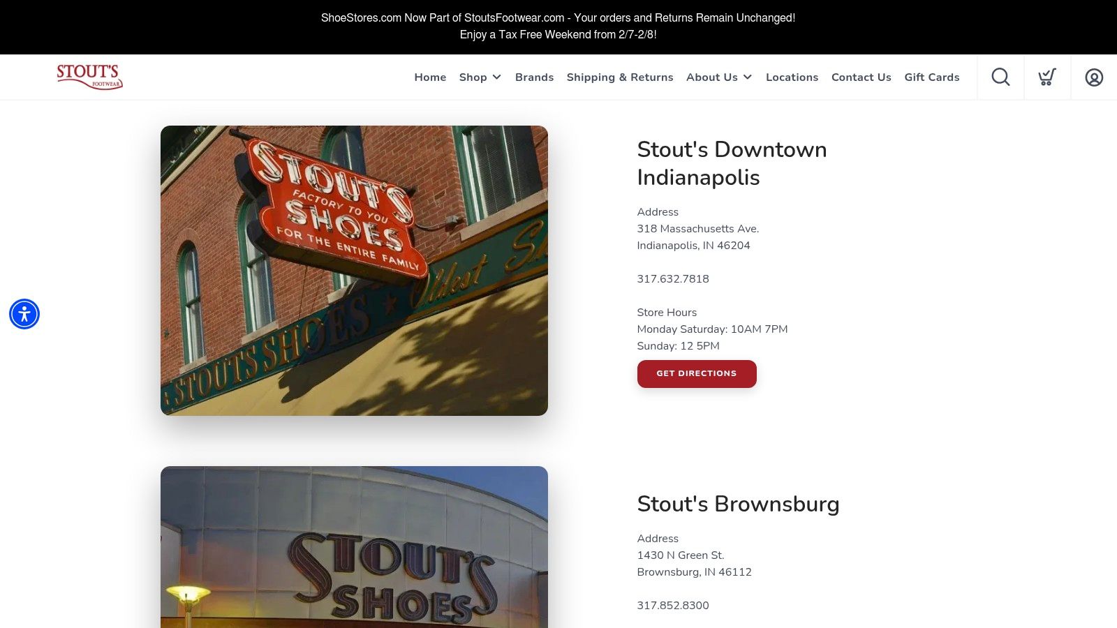 The historic storefront of Stout's Footwear on Mass Ave, Indianapolis, with its classic red sign and window displays.