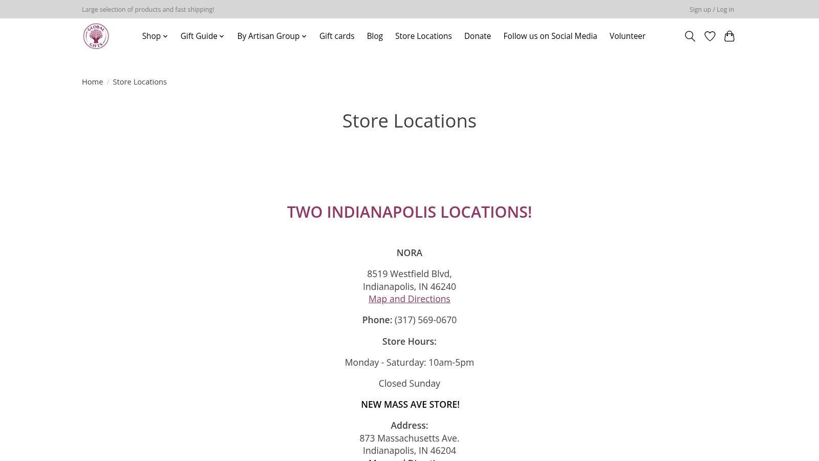 A screenshot of the Global Gifts website showing the hours and location for their Mass Ave Indianapolis store.