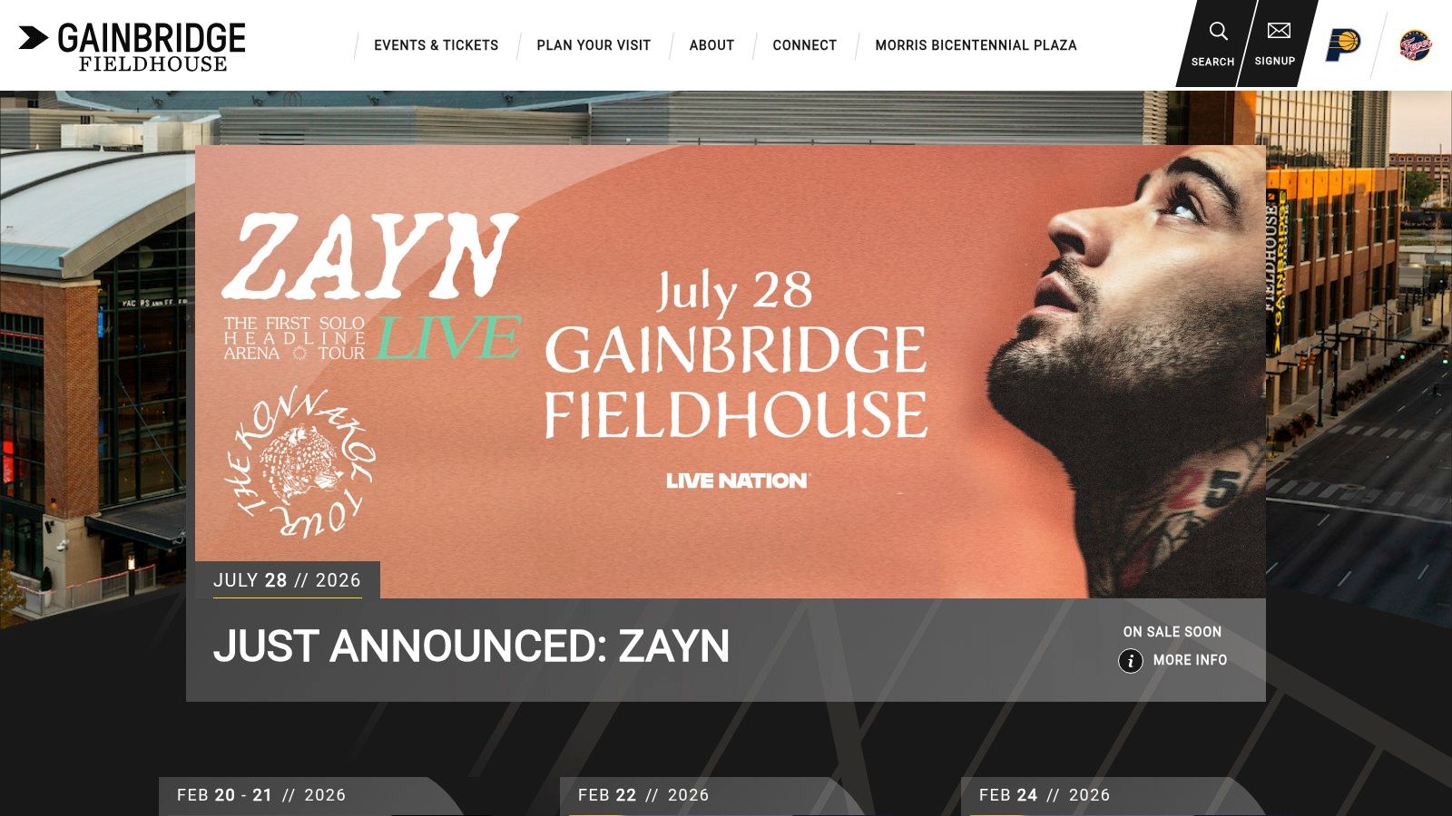 Official website for Gainbridge Fieldhouse showing events calendar and a featured event.