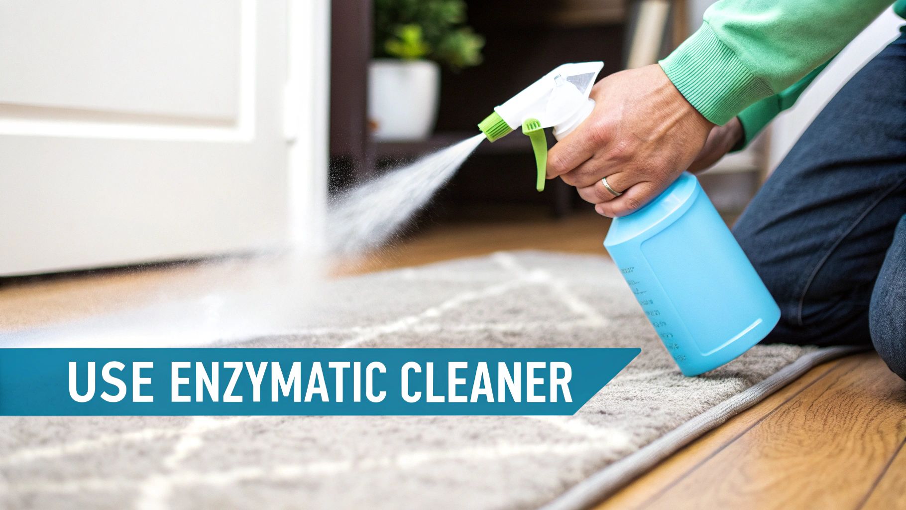 A person spraying an enzymatic cleaner on a carpet stain with a cat watching nearby.