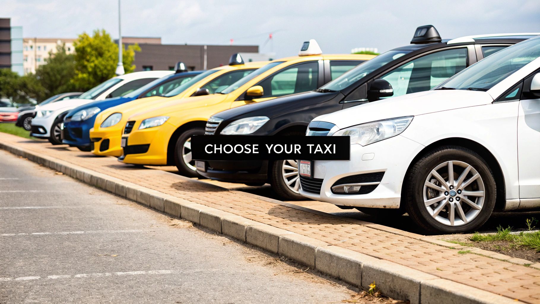 Taxi vehicles in a row, featuring a variety of colours including yellow, blue, black, and white, with a prominent overlay text reading "CHOOSE YOUR TAXI," highlighting options for airport transportation.