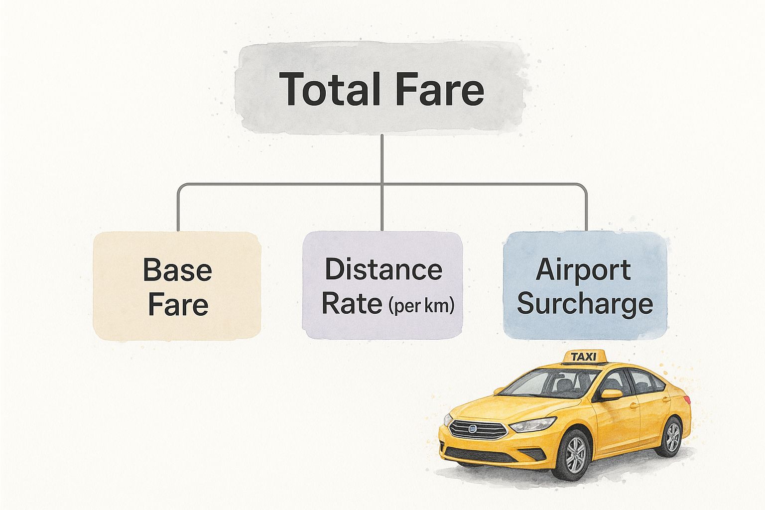 Diagram illustrating total fare breakdown for airport taxi services, including base fare, distance rate per km, and airport surcharge, alongside a yellow taxi.