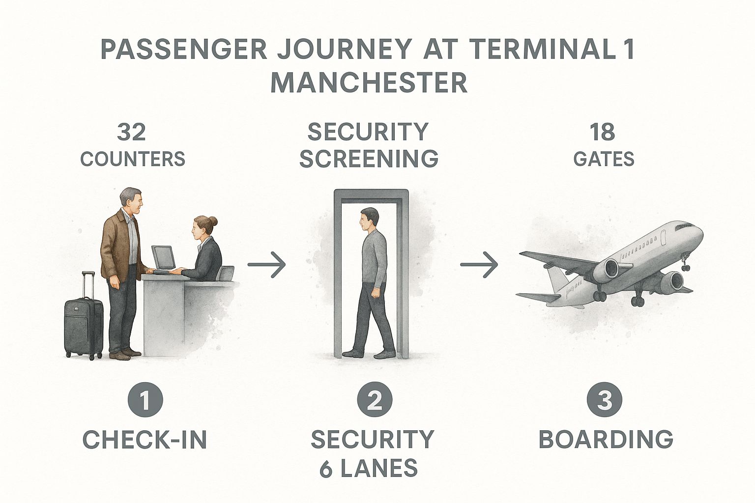 Passenger journey illustration at Manchester Airport Terminal 1, featuring check-in with 32 counters, security screening with 6 lanes, and boarding at 18 gates.