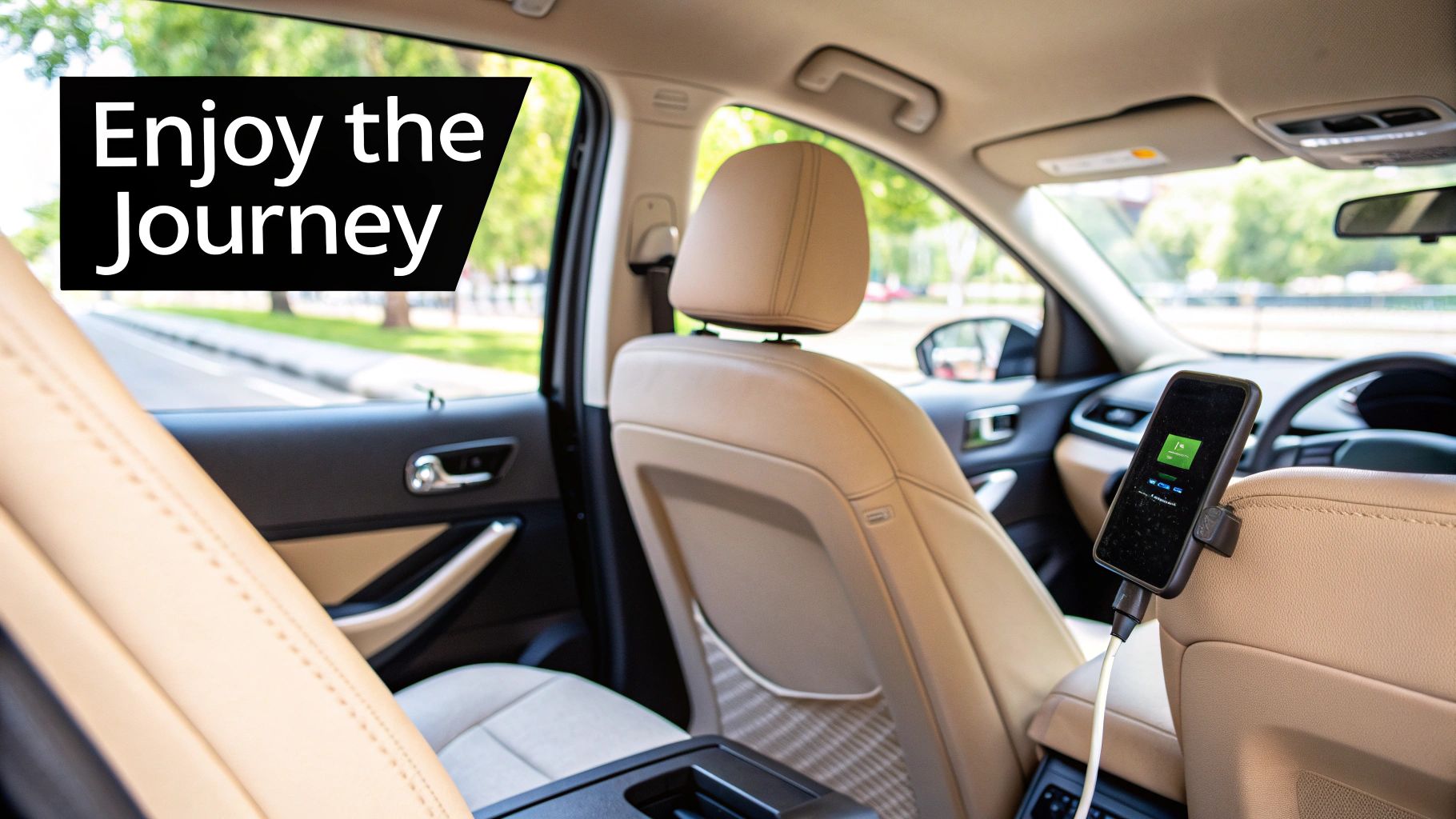 Interior of a taxi featuring beige leather seats, a smartphone mounted on the back of the front seat, and the text "Enjoy the Journey," emphasizing a comfortable taxi experience for travelers heading to Manchester Airport.