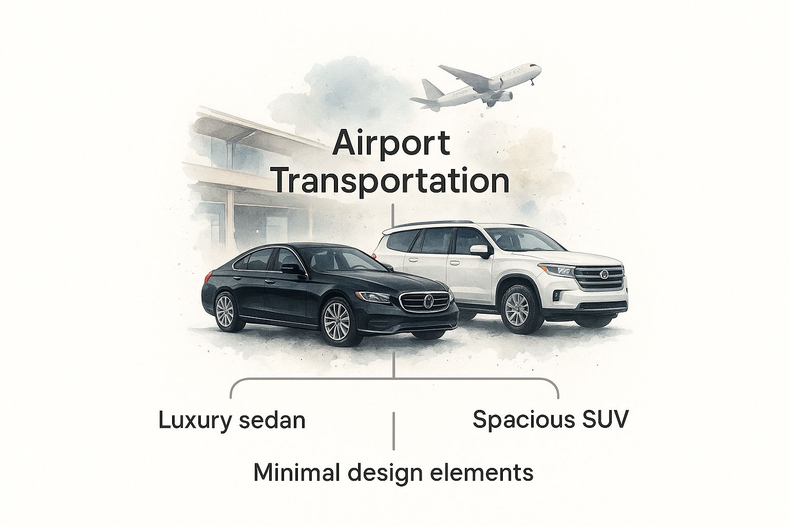 Luxury sedan and spacious SUV for airport transportation, emphasizing vehicle options for diverse travel needs, with minimal design elements and an airplane in the background.