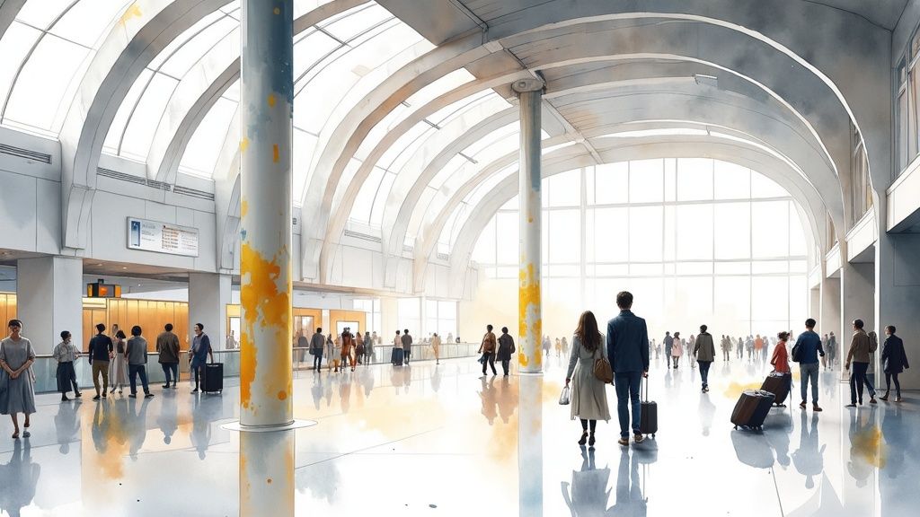 Interior view of Manchester Airport Terminal 1, featuring travelers with luggage, large windows allowing natural light, and modern architectural design, illustrating the terminal's bustling atmosphere and importance for airport transport services.