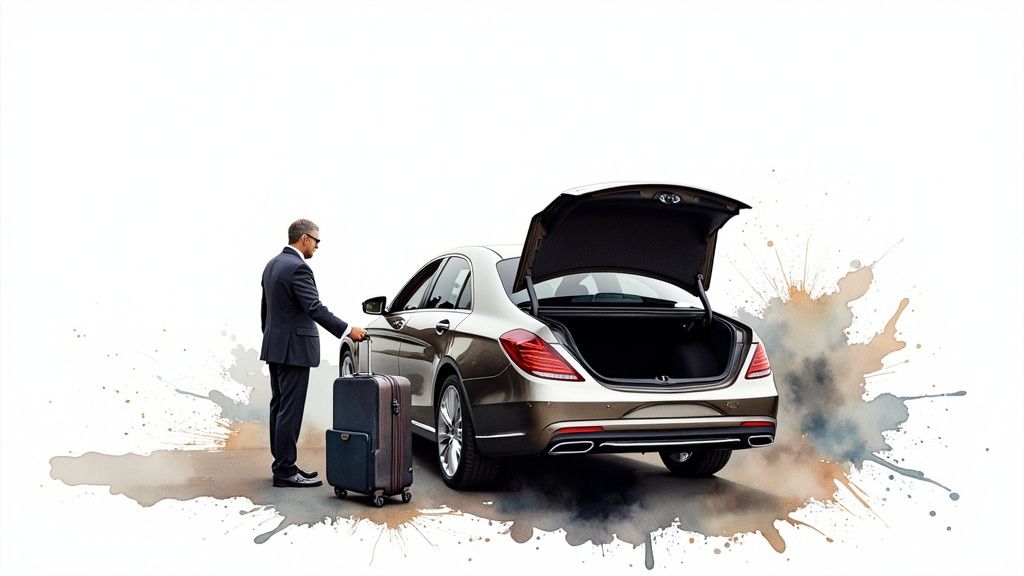 chauffeur loading luggage into a luxury car's boot, symbolizing seamless airport transfer service and comfort.