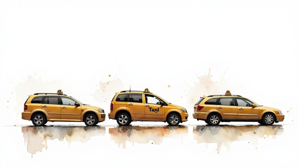 Three yellow taxis lined up, showcasing different models, symbolizing reliable airport transfer services for Manchester Airport Taxis.