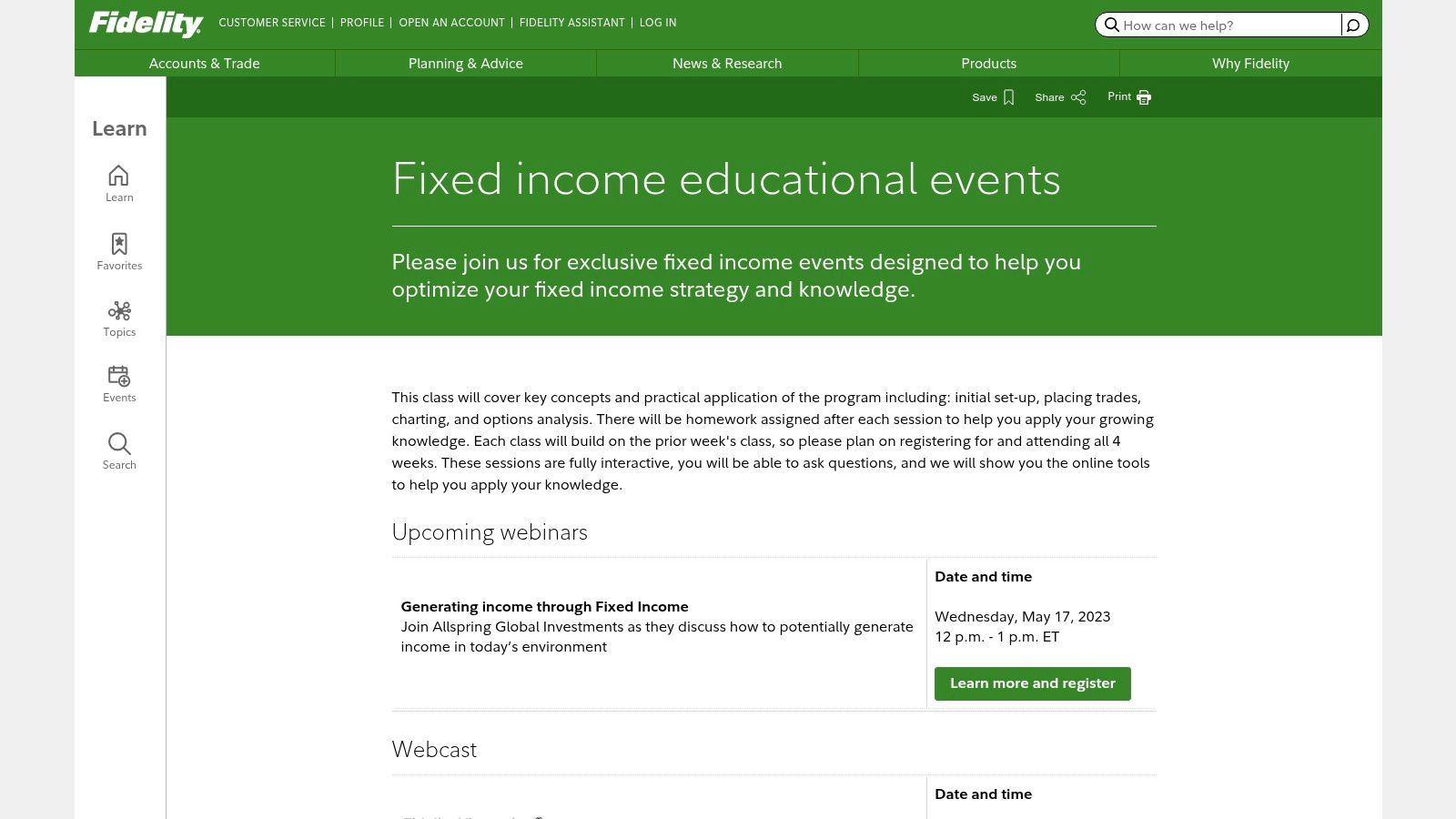 Fidelity – Learning Center webinars and small-group options classes