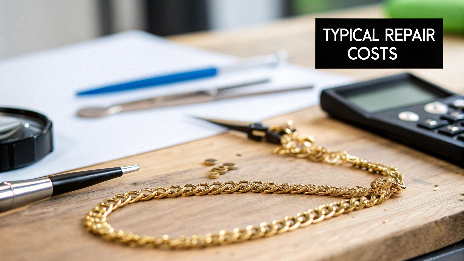 Gold chain, magnifying glass, calculator, and tools on a wooden desk, with text 'TYPICAL REPAIR COSTS'.