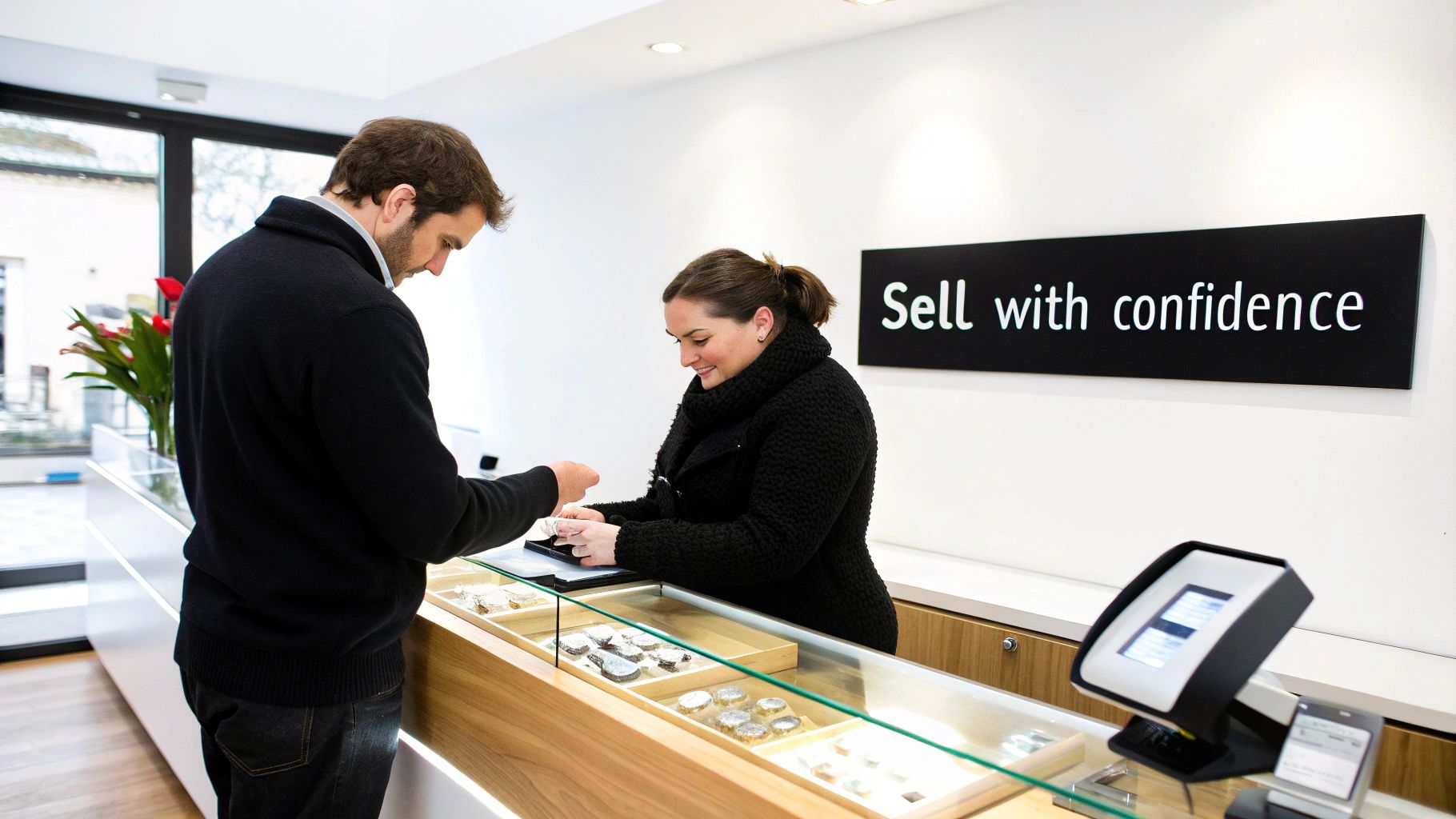 A man interacts with a female employee at a counter displaying items, under a 'Sell with confidence' sign.