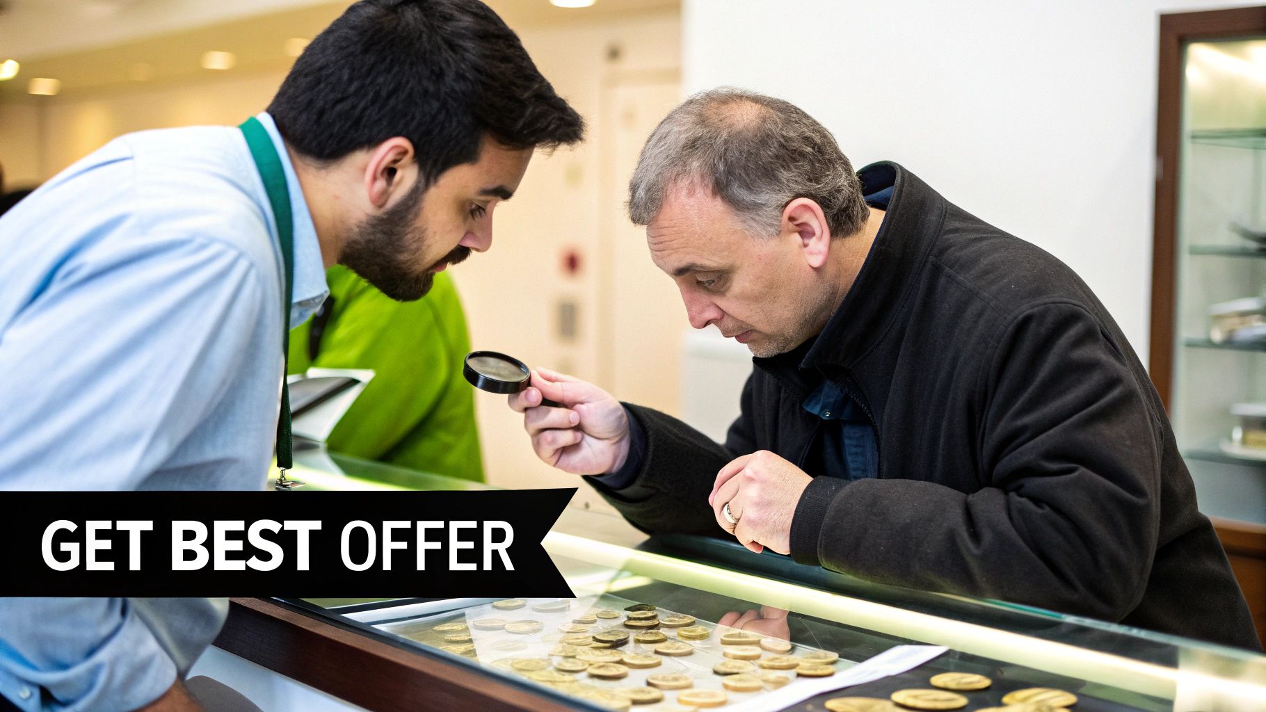 A customer inspects valuable gold coins with a magnifying glass while a salesperson watches.