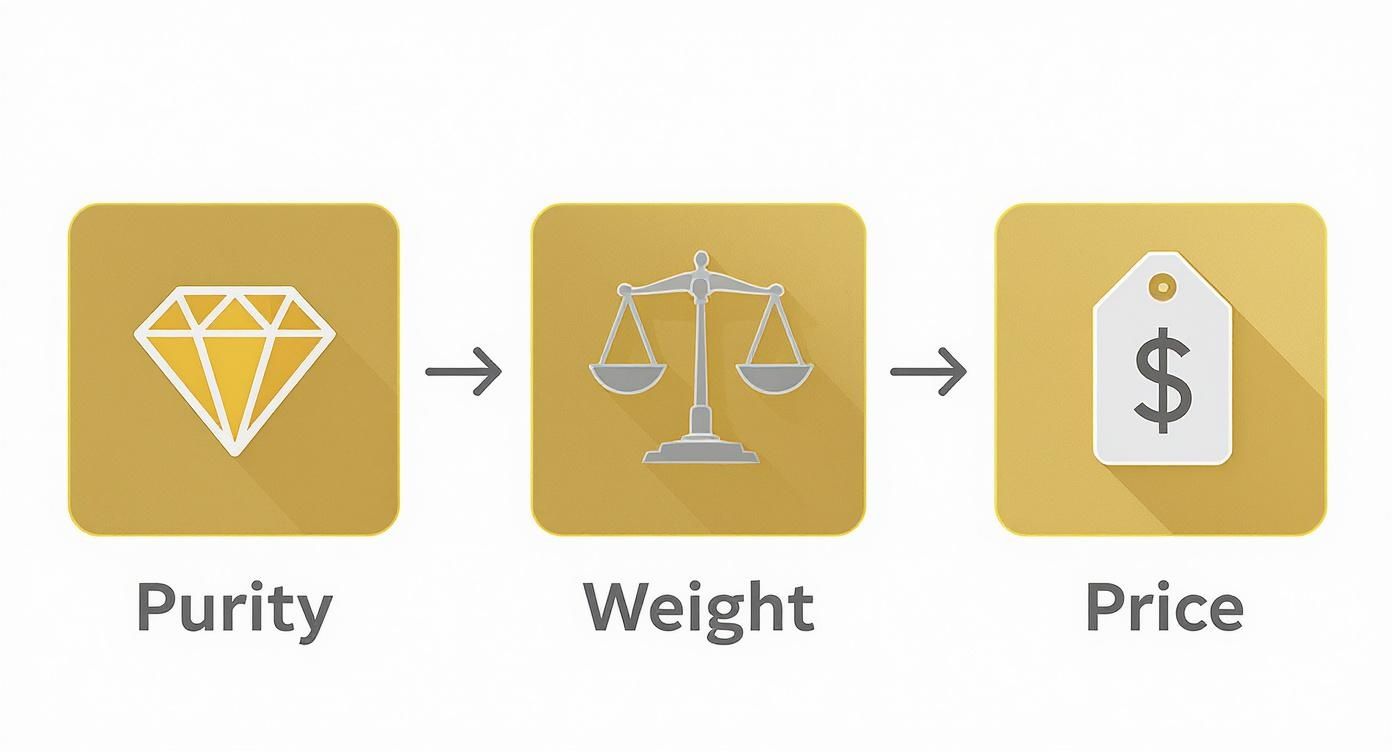 Diamond purity assessment scale and weight measurement leading to gold price determination illustration