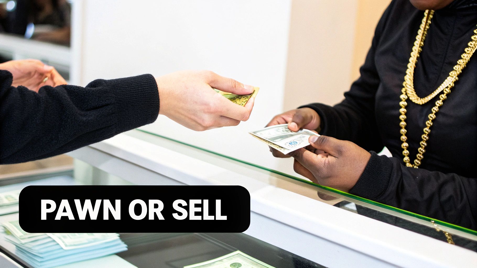 Two people exchanging money over a counter at what appears to be a pawn shop, with text overlay 'PAWN OR SELL'.