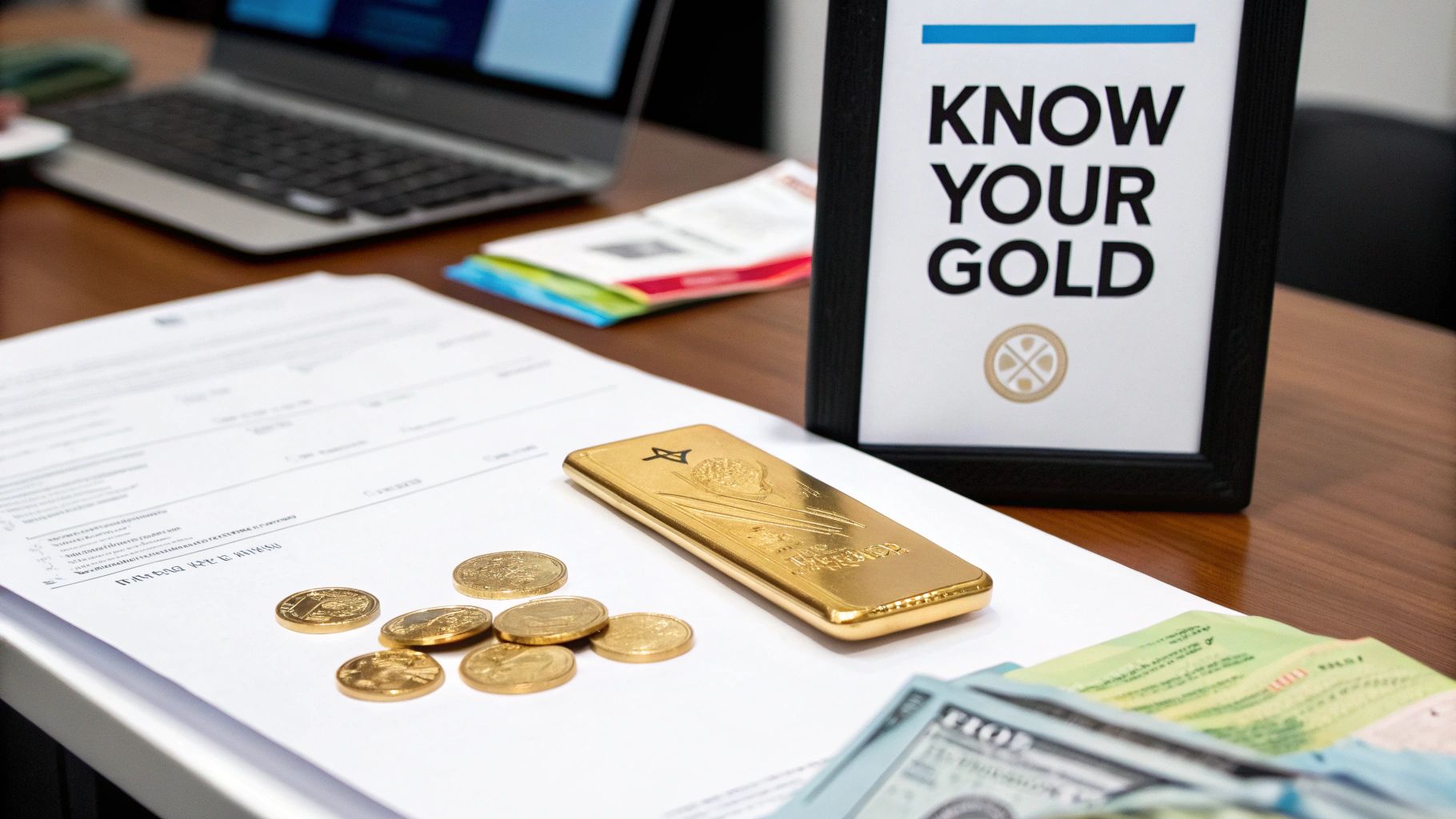 A gold bar, gold coins, and paper money on a white document next to a "KNOW YOUR GOLD" sign.