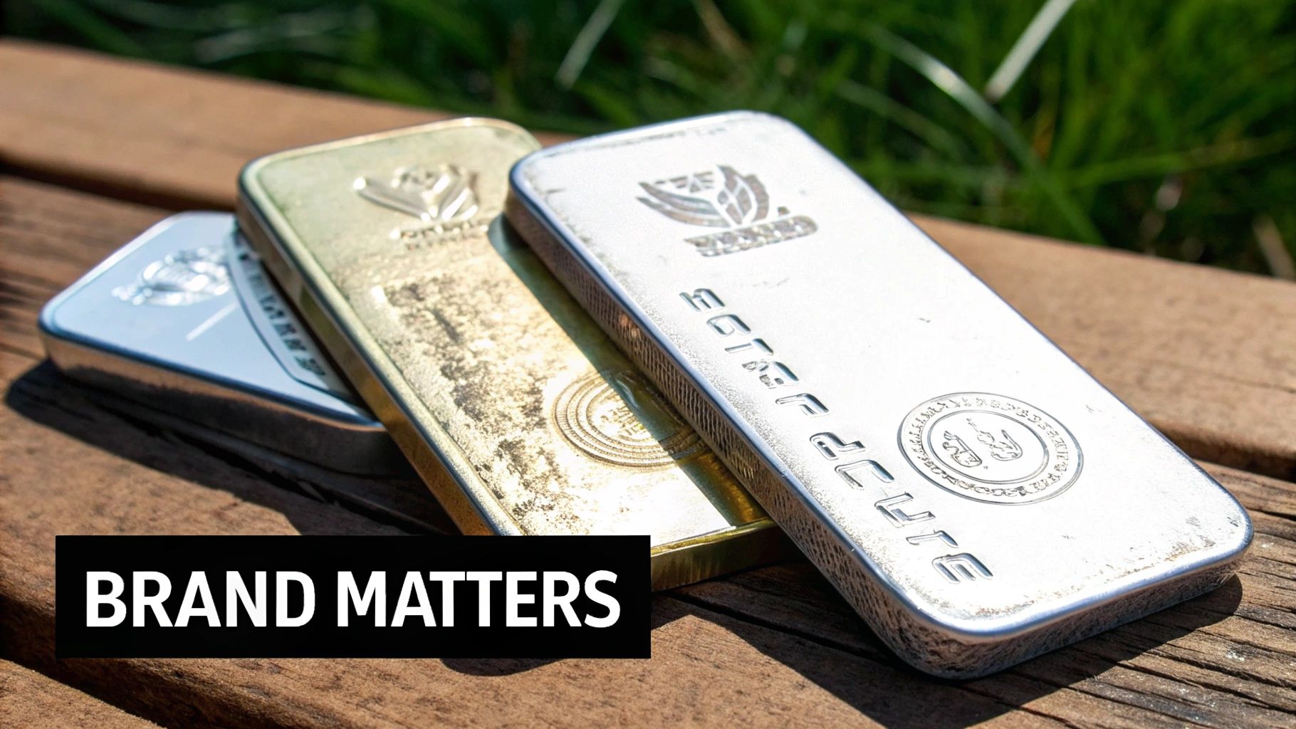 Three precious metal bars, including gold and silver, resting on a wooden surface with green grass.
