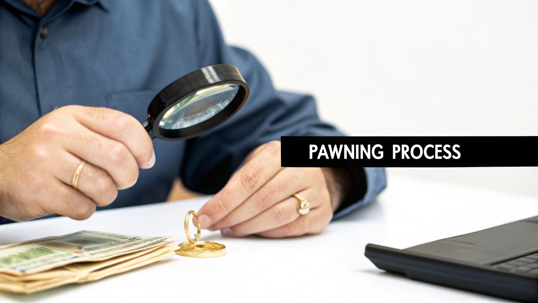 A person uses a magnifying glass to inspect a gold ring next to a stack of money, illustrating the pawning process.