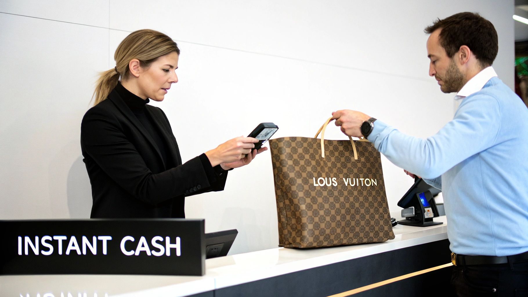 A woman processes a transaction for a man holding a Louis Vuitton bag at a counter with an "Instant Cash" sign.