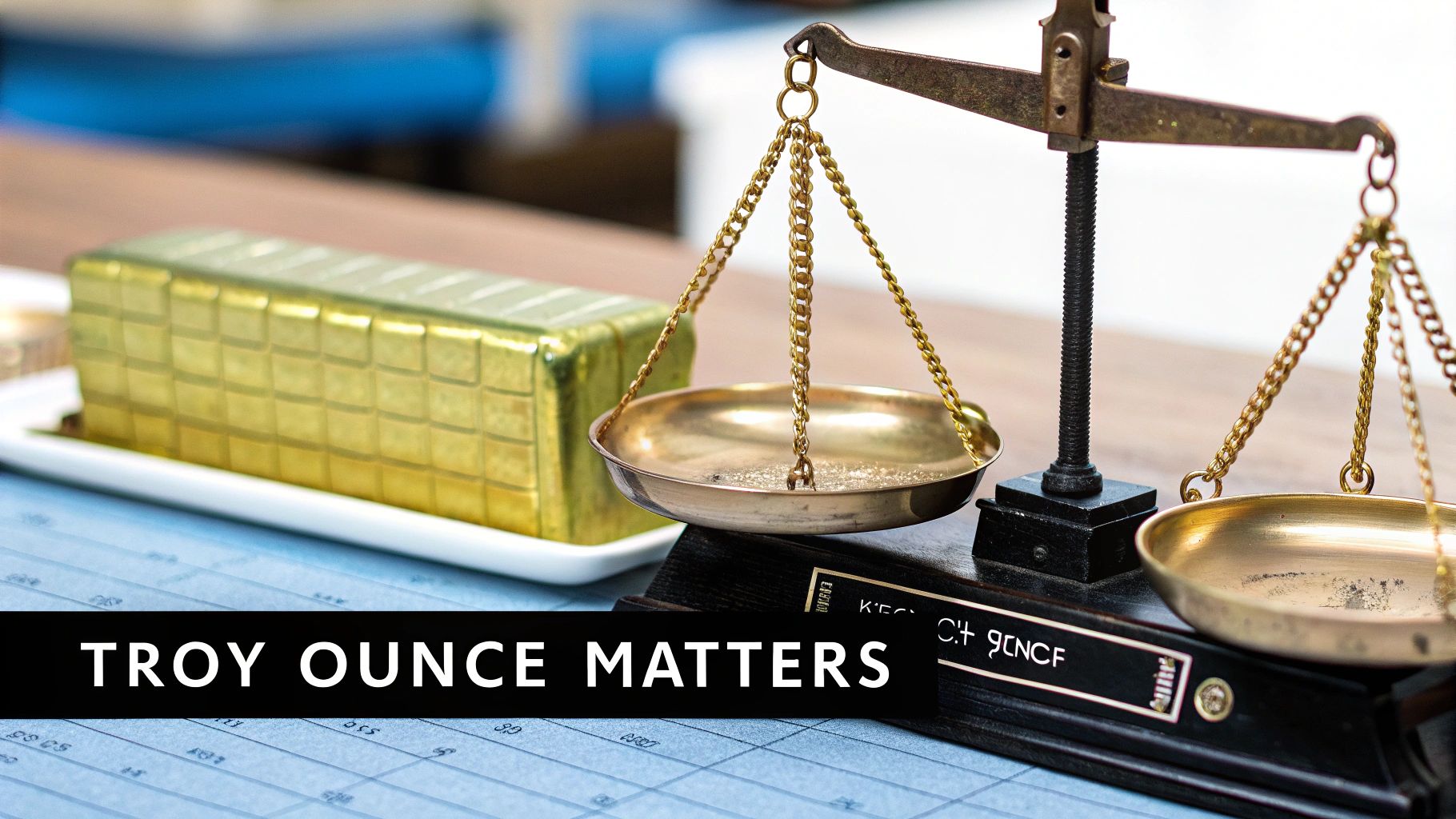 A gold bar and a balance scale with gold flakes, emphasizing troy ounce measurement.