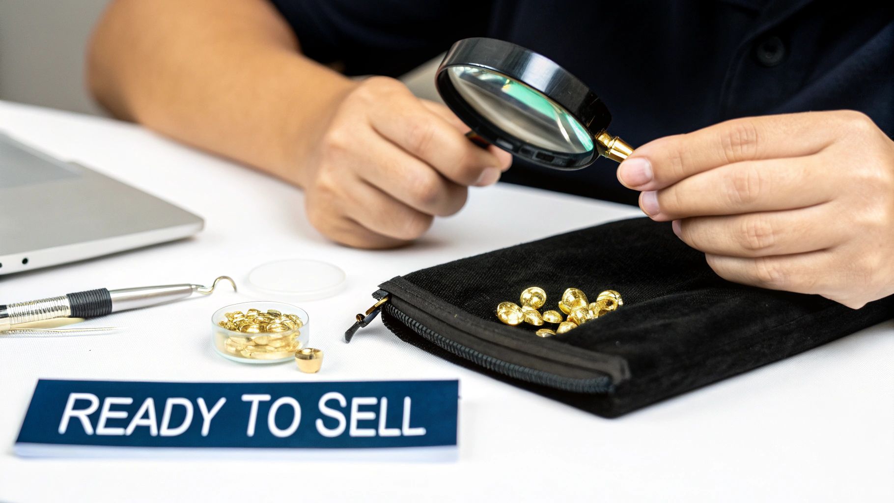 Person examining gold jewelry pieces with magnifying glass ready to sell for valuation