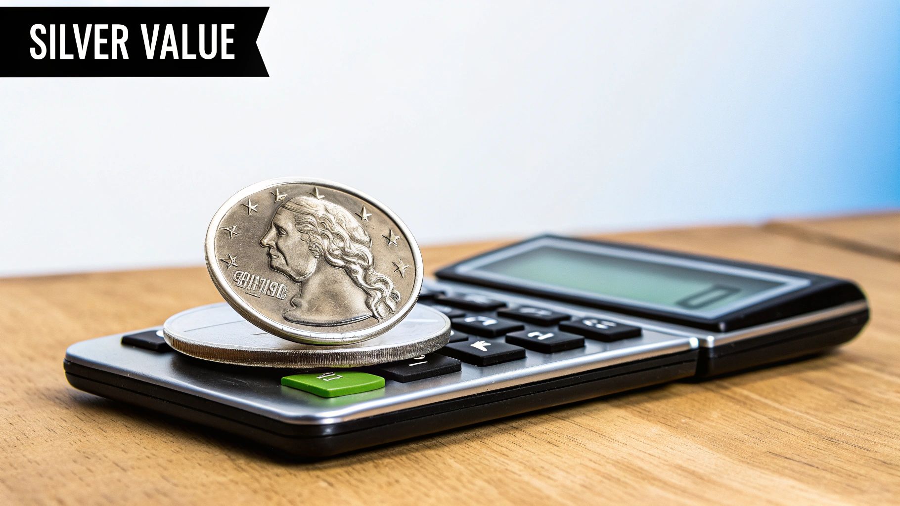 Two silver-colored coins on a calculator, with a 'SILVER VALUE' banner, representing investment.