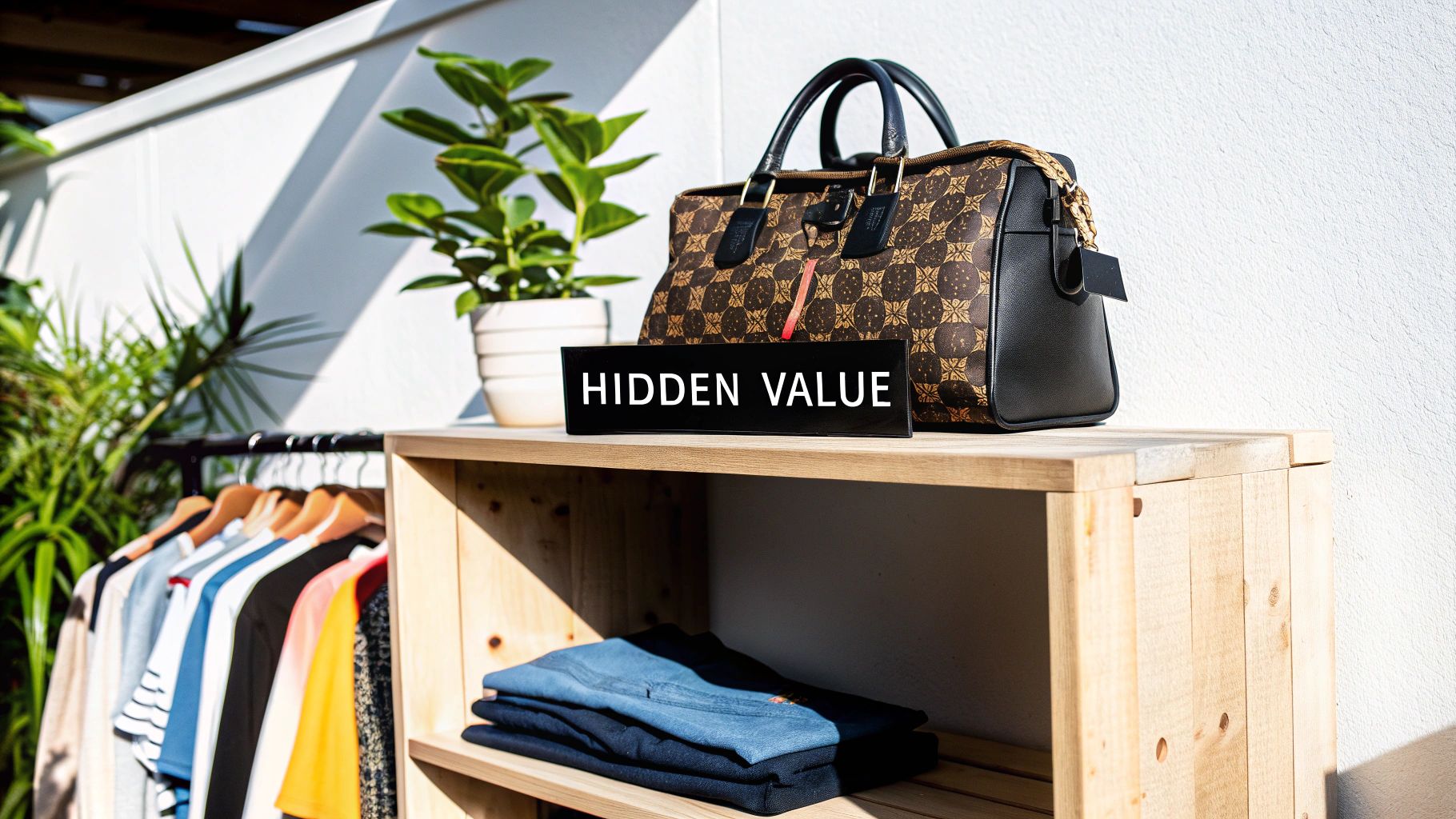 Designer handbag with hidden value sign displayed on wooden shelf in boutique store