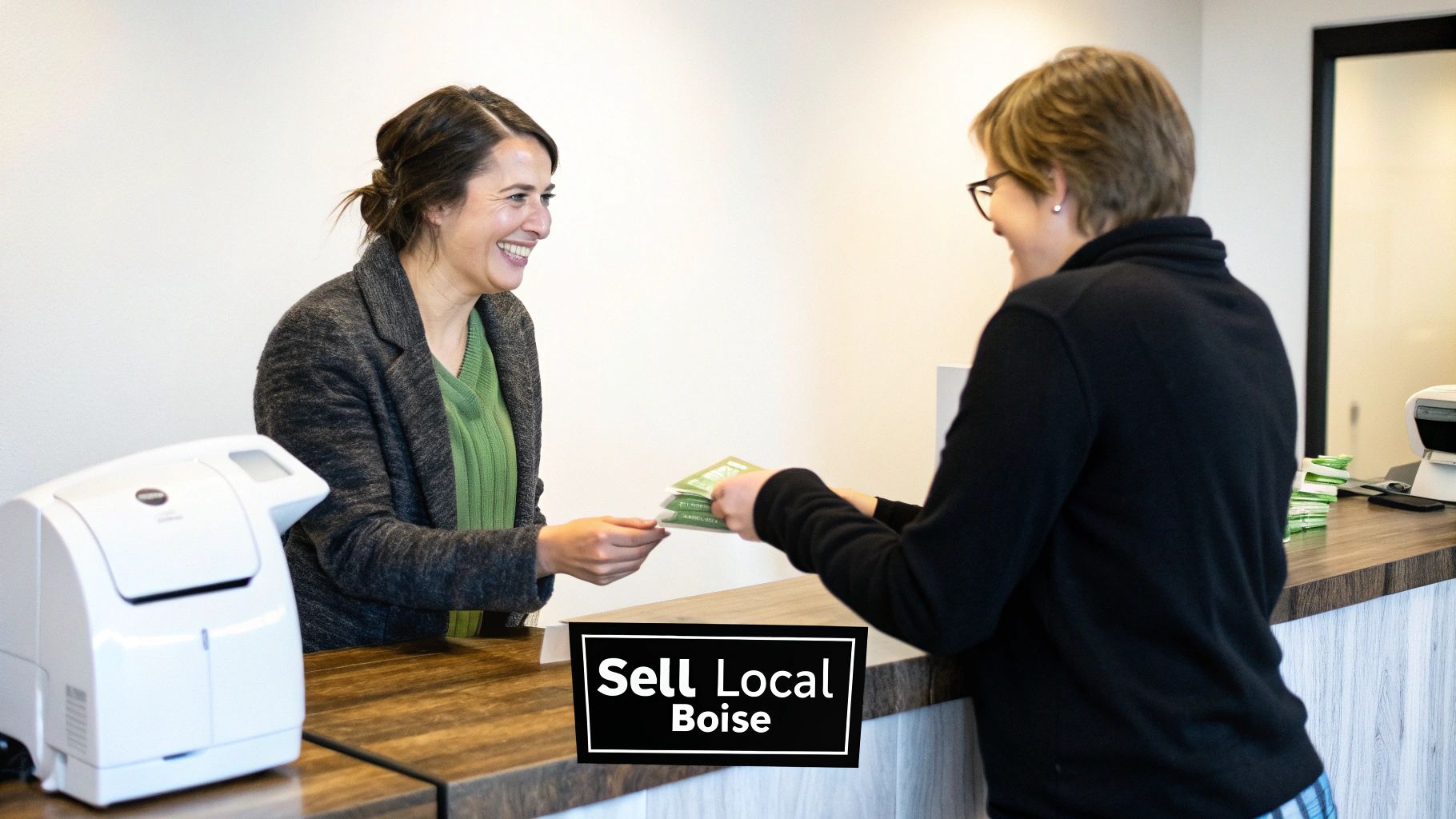 Smiling woman hands a stack of green items to another woman at a counter with a 'Sell Local Boise' sign.