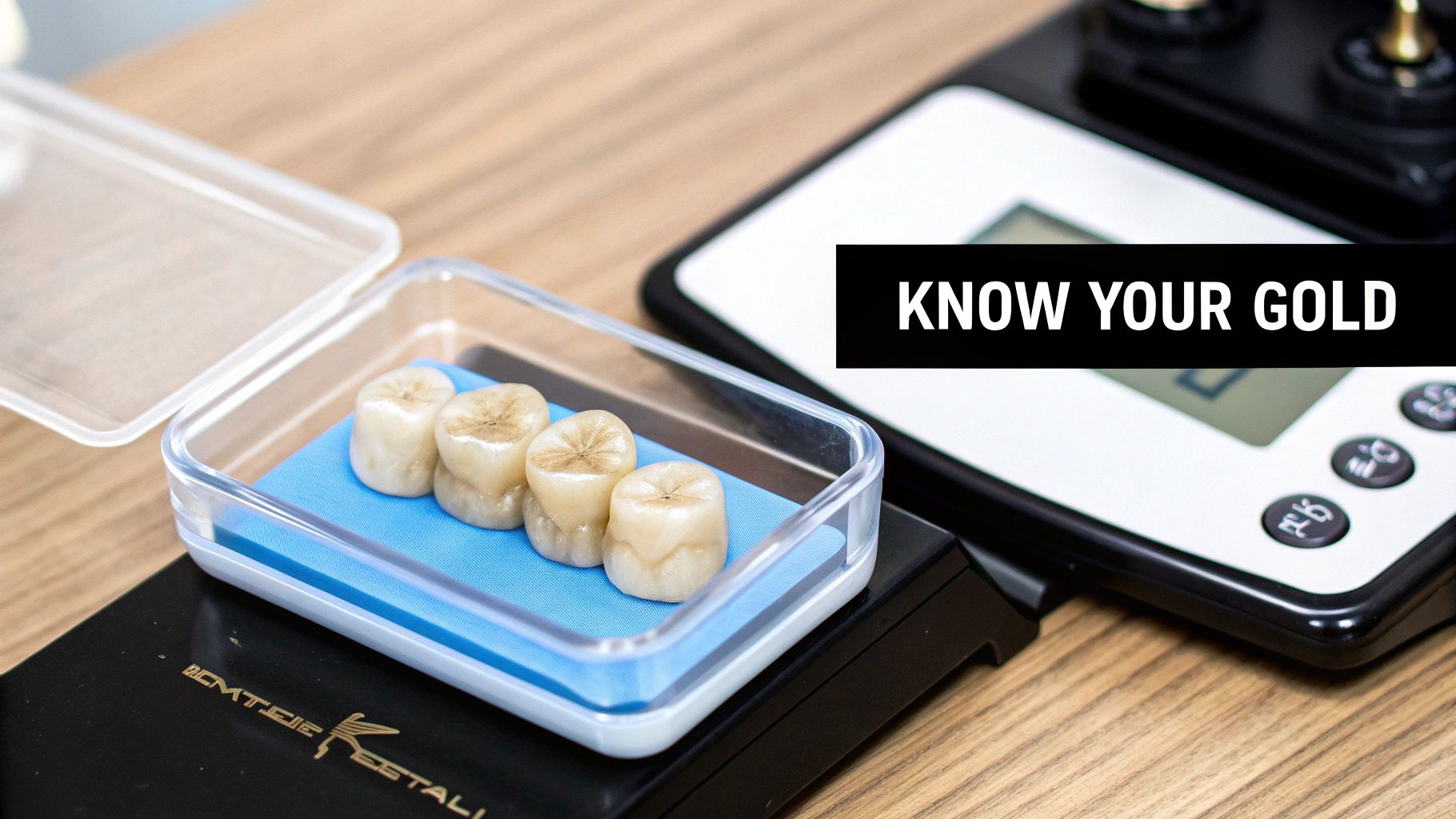 Gold dental crowns and bridges on a dark surface