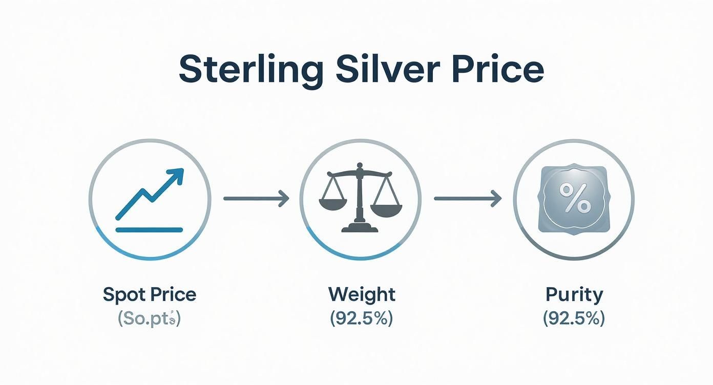 Infographic showing sterling silver price components: spot price, weight at 92.5 percent, and purity standard