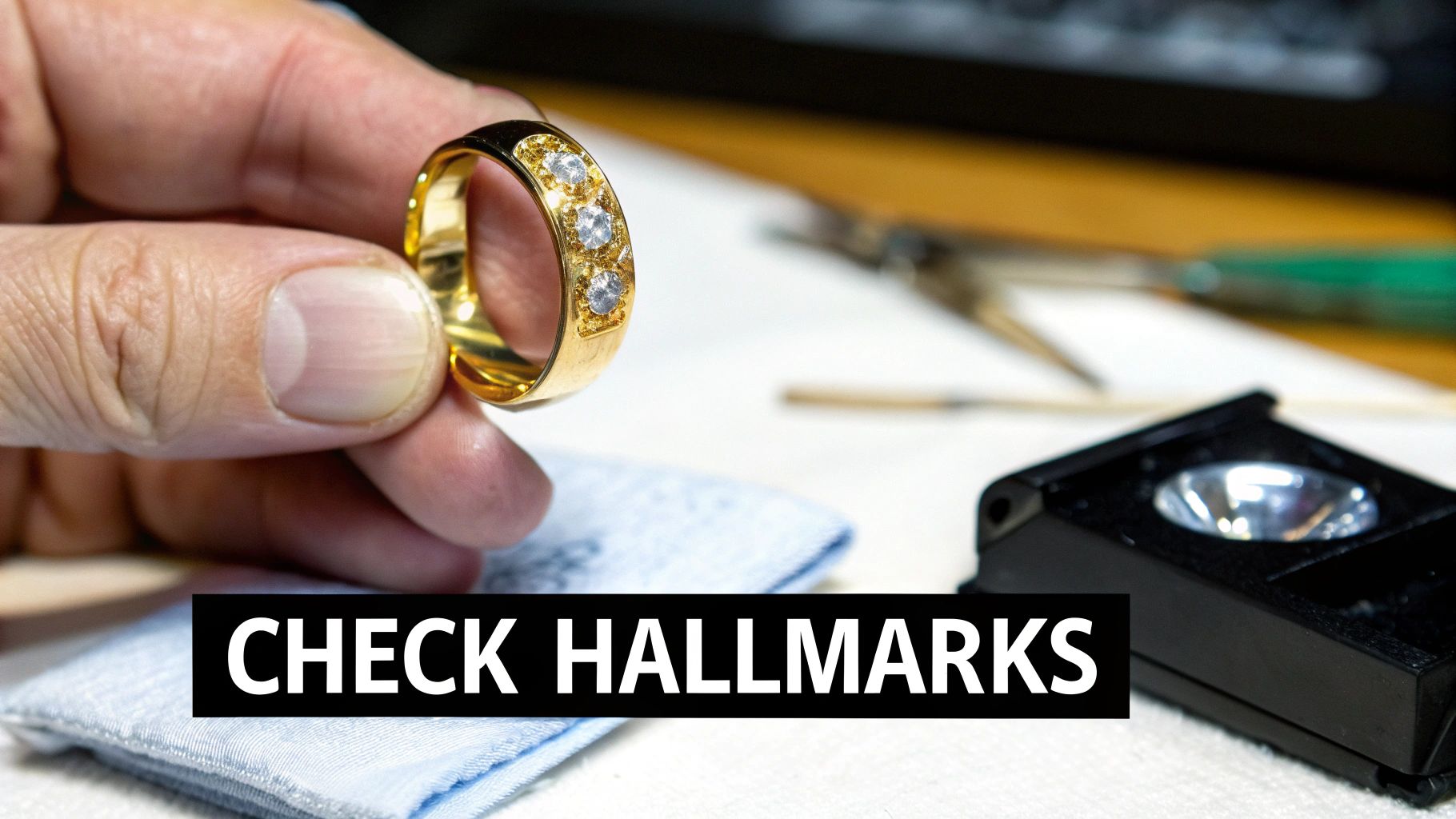 A person's hand holds a gold ring with diamonds, alongside text 'CHECK HALLMARKS' for assessing purity.