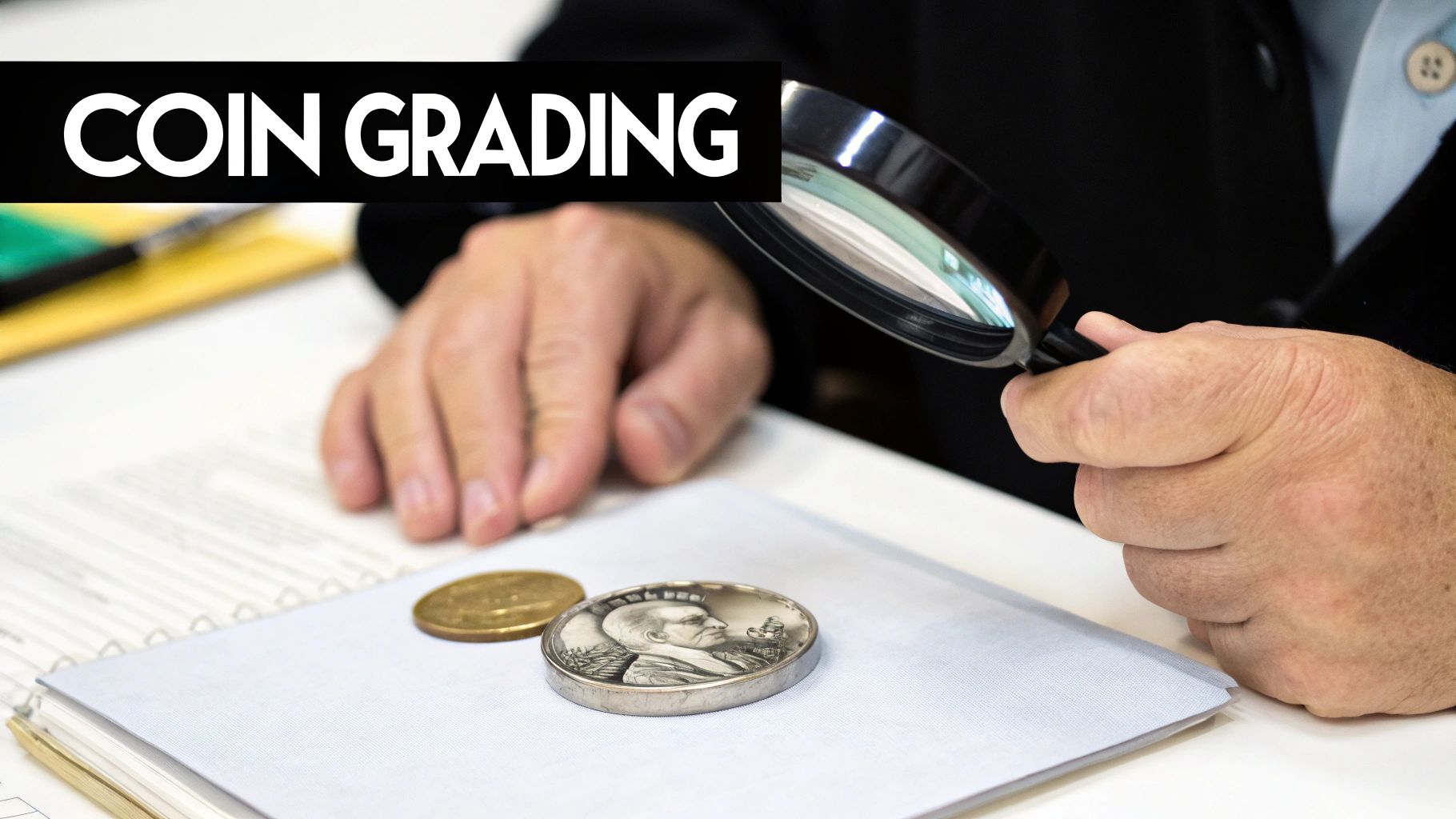 A close-up view of a Kennedy half dollar being inspected with a magnifying glass.