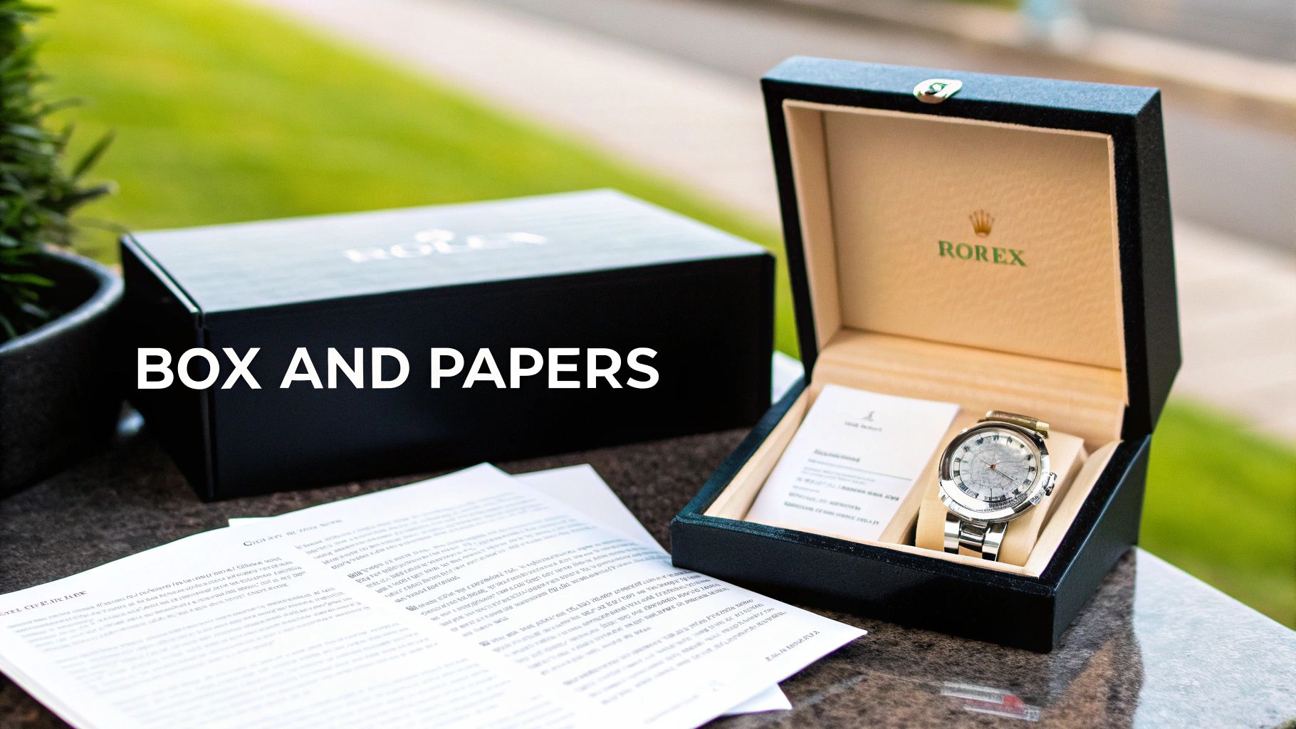 A Rolex watch with its original box and papers, highlighting the importance of provenance.