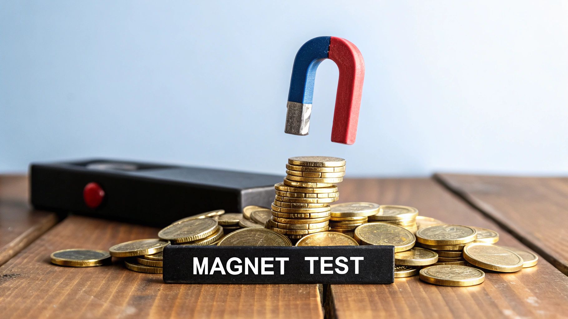 A hand holding a strong magnet near a gold chain to test its authenticity.