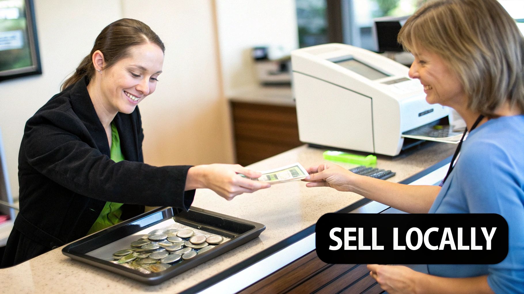 Two women smiling and exchanging money at a counter with coins, highlighting a local transaction.