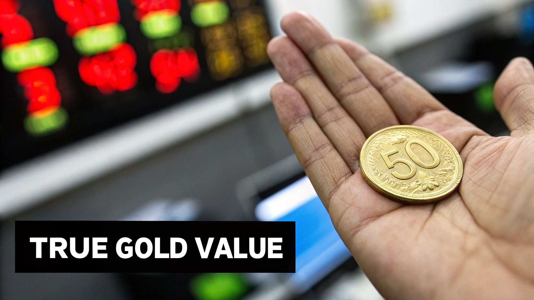 A hand holds a shiny gold 50 coin with a blurred financial display in the background.