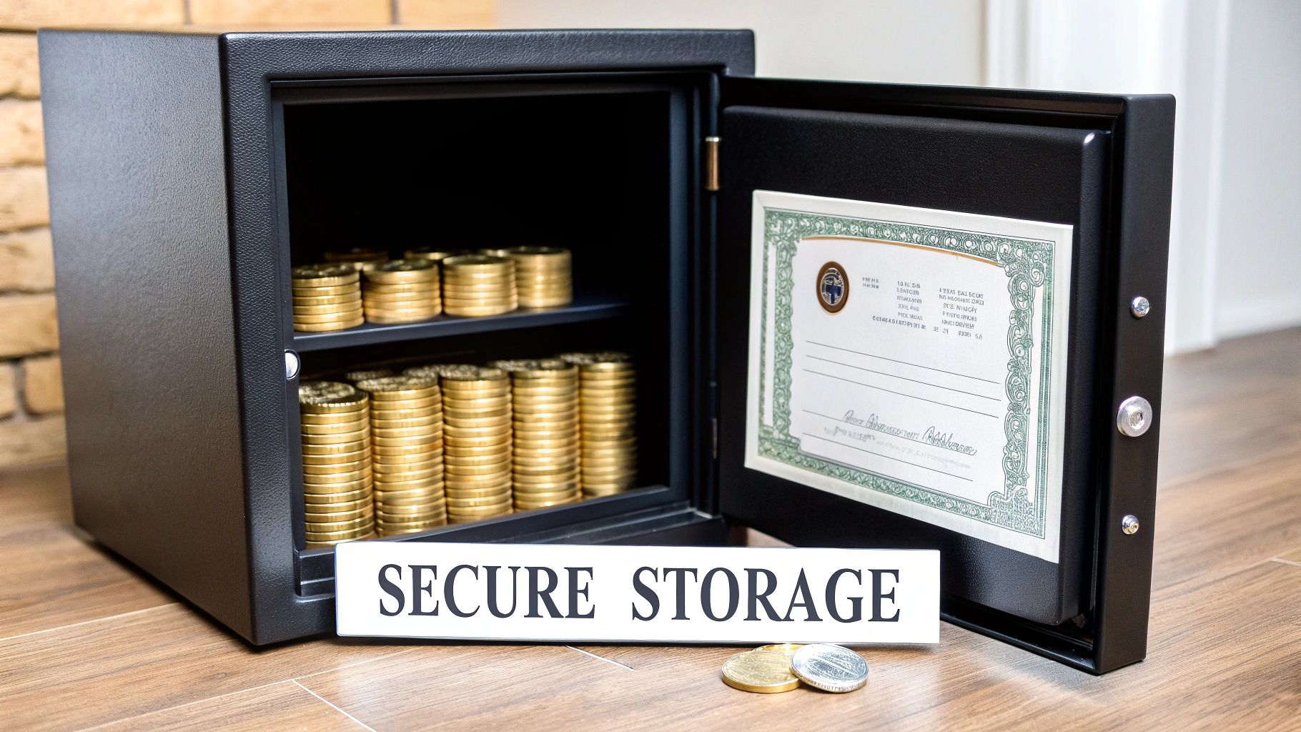 An open black safe filled with stacks of gold coins and a certificate, with a 'SECURE STORAGE' sign in front.
