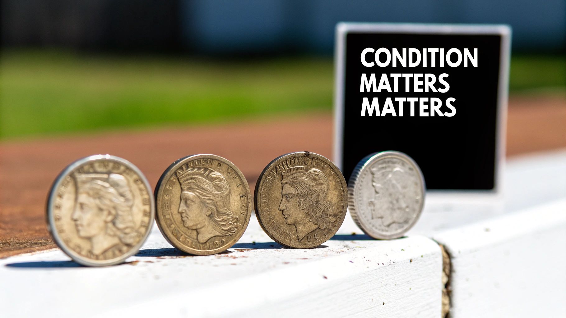 A magnifying glass held over a Liberty Dime, focusing on the details of the coin's surface.