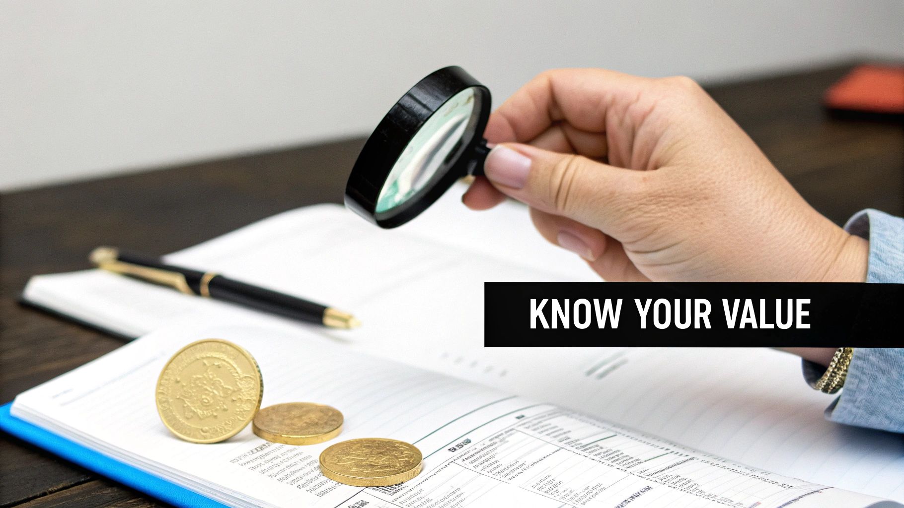 A hand holds a magnifying glass over an open notebook with gold coins, text reads 'KNOW YOUR VALUE'.