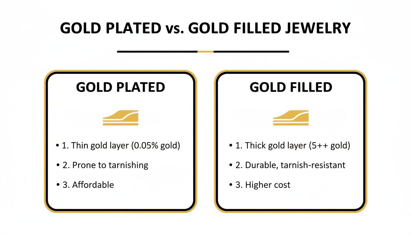 A comparison chart detailing differences between gold plated and gold filled jewelry types.