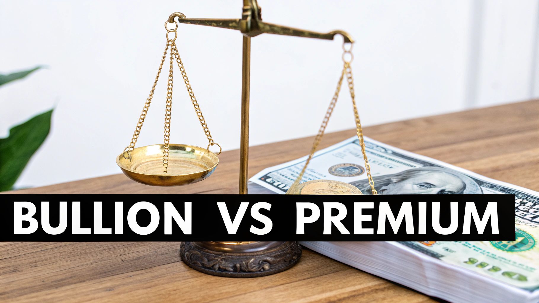 Gold scales balancing an empty pan against a stack of dollar bills and a coin, illustrating bullion versus premium.