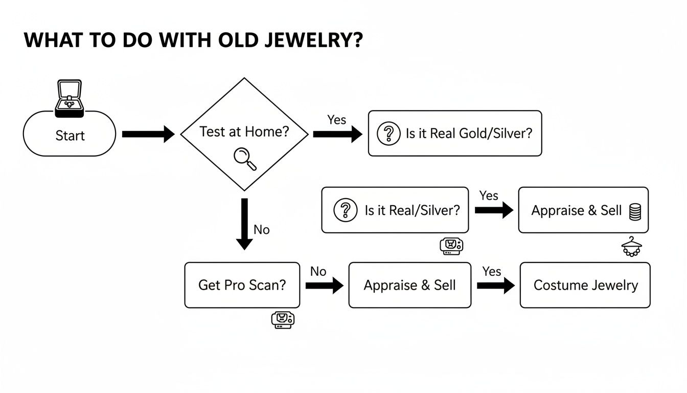 Flowchart detailing steps for old jewelry: home test for real gold/silver, professional scan, appraise, or costume.