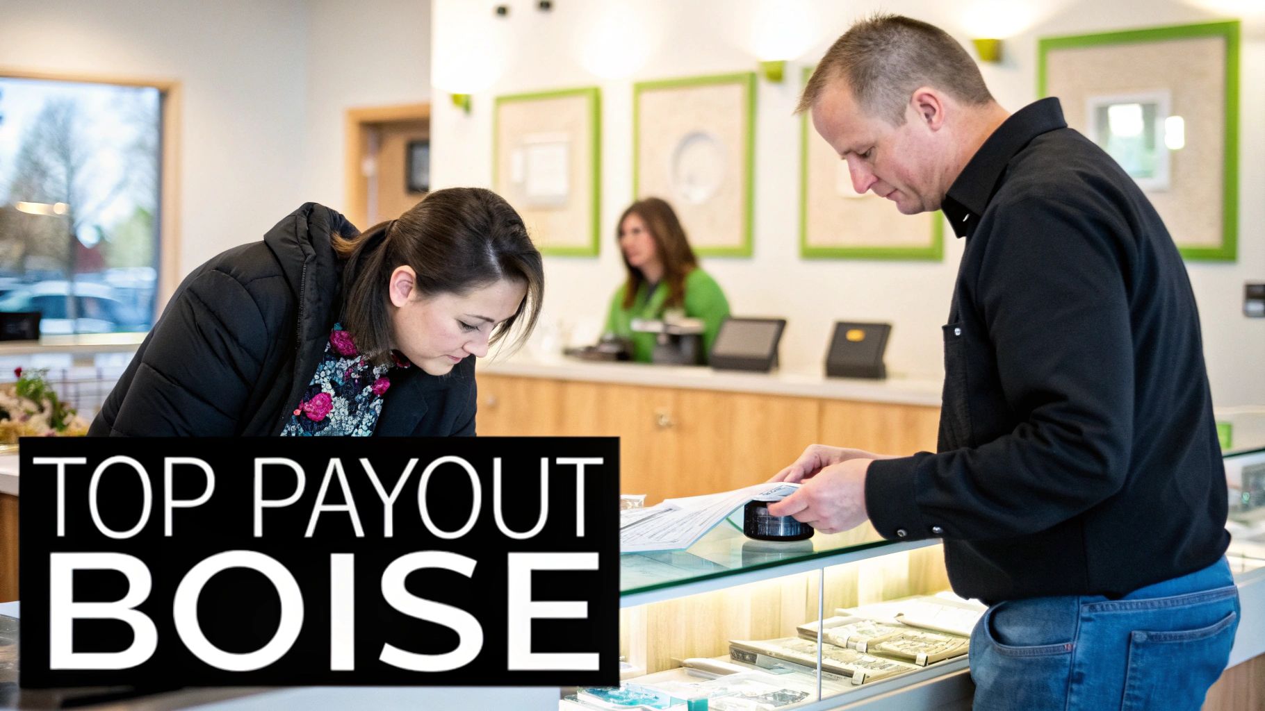 Jewelry store employees assisting customers with sterling silver and precious metal purchases in Boise