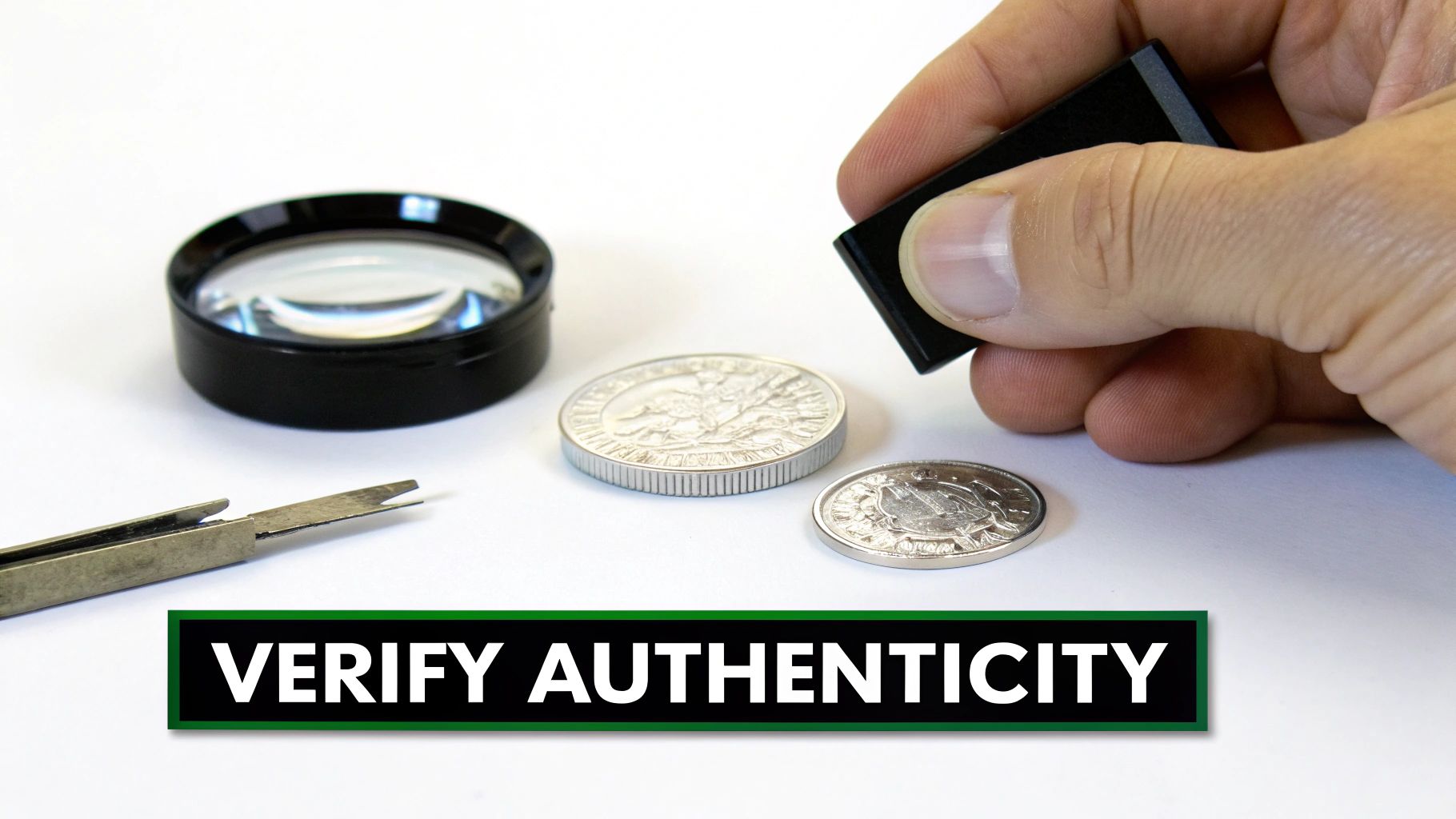A hand examines silver coins with a tool, magnifying glass, and tweezers to verify authenticity.