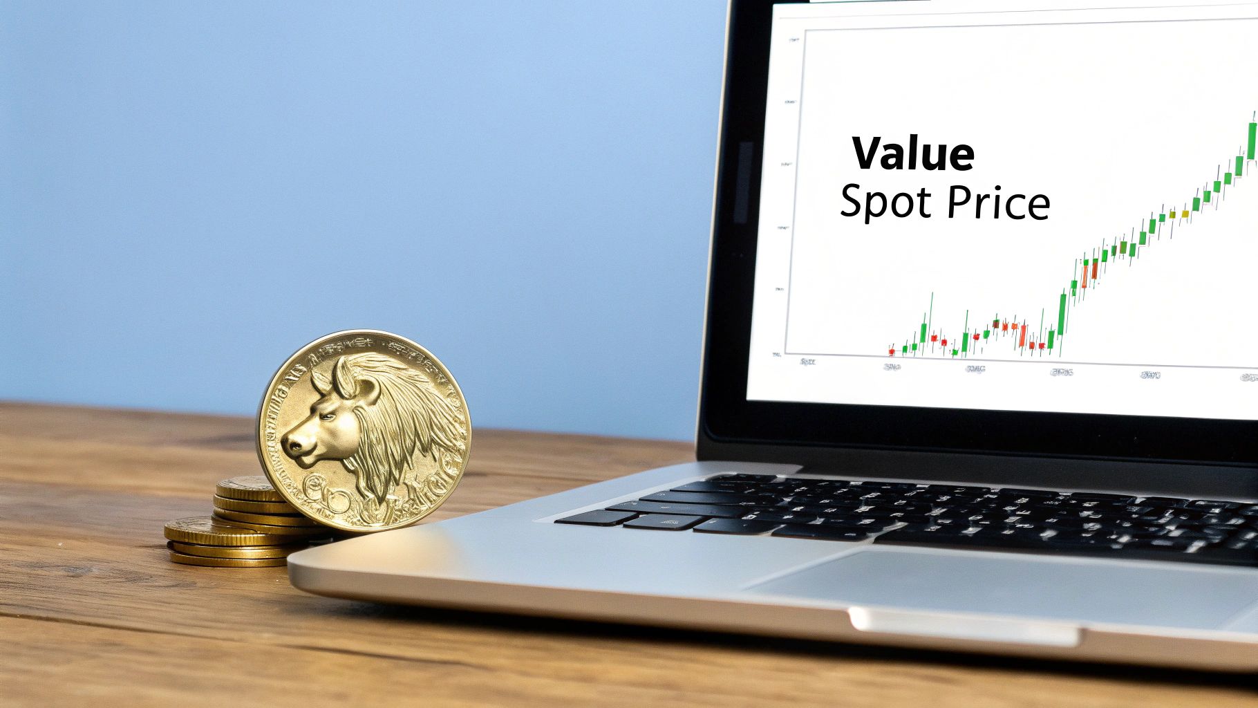 A gold coin featuring a buffalo and stacked coins beside a laptop showing a stock chart.