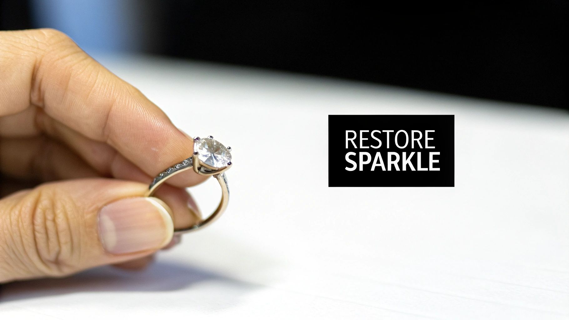 A hand holds a sparkling diamond engagement ring, with 'RESTORE SPARKLE' text on the right.